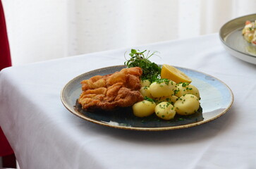 Wiener schnitzel with salad on a restaurant table.