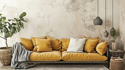 The living room features a yellow couch with matching pillows on a hardwood floor. The furniture is placed on a rectangleshaped area in the building - obrazy, fototapety, plakaty