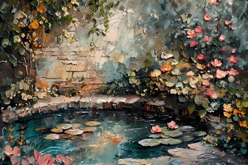 impressionism painting, impasto, vintage, soft tones, muted tones ,lotus flowergarden pond