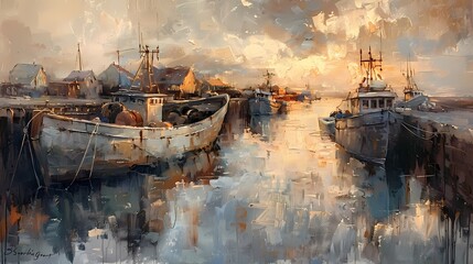 a painting of paint with brown and grey tones,fishing port at dusk ,, atmospheric blues, light bronze and orange, distressed and weathered surfaces, 