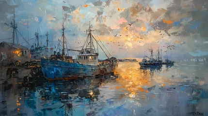 Foto op Plexiglas a painting of paint with brown and grey tones,fishing port at dusk ,, atmospheric blues, light bronze and orange, distressed and weathered surfaces,  © Kornkanok