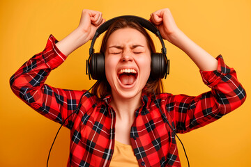 Young woman listening to music with headphones and singing a song. Yellow background with copy space