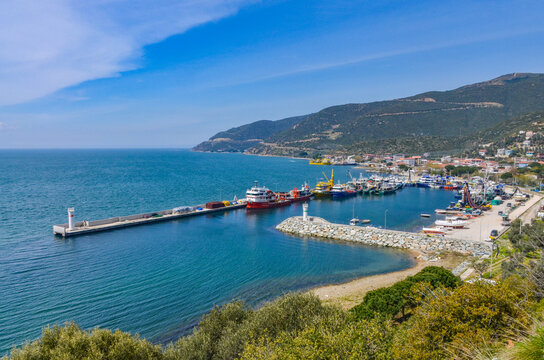 ships and boats in Kapakli harbor on Marmara coast (Yalova province, Turkey) 