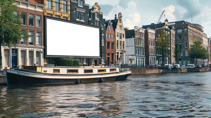  customizable digital billboard boat for advertising presentation mockup in Amsterdam environment, day view - obrazy, fototapety, plakaty