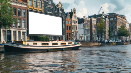 Fotobehang  customizable digital billboard boat for advertising presentation mockup in Amsterdam environment, day view © CrazeePixelINC