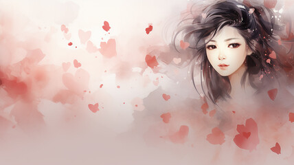 Dark-haired girl on a pink background with hearts, romantic greeting card in watercolor style