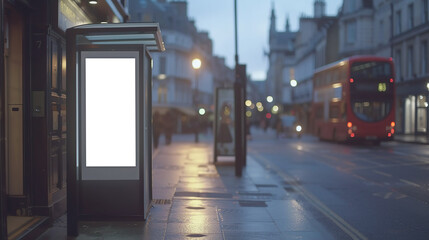 customizable digital bus stop display for advertising presentation mockup in London environment, day view - obrazy, fototapety, plakaty