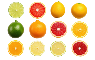 Group of Citrus Fruits Cut in Half. On a White or Clear Surface PNG Transparent Background.