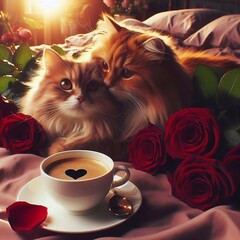 good morning my love Coffee in bed. Morning sun rays, roses. Two cats in love cuddle in bed - obrazy, fototapety, plakaty