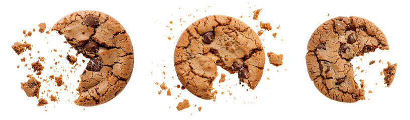 Close up of an half eaten cookie with crumb against a white background - obrazy, fototapety, plakaty