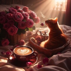 good morning my love Coffee in bed. Morning rays of the sun, roses and a cute playful kitty - obrazy, fototapety, plakaty