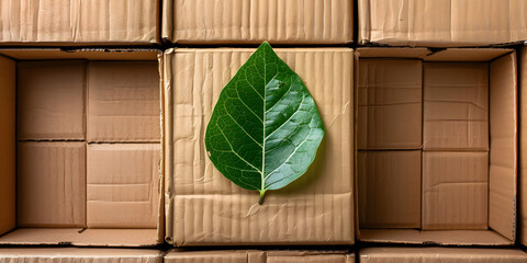    Ecological concept leaf on cardboard boxes repre  Leaf-Embedded Cardboard Boxes and Ecological Ideals