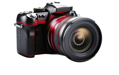 Camera With Lens Attached. On a White or Clear Surface PNG Transparent Background.