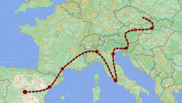 Red line travels from Madrid to Paris crossing important european cities in a politic european map. Travel around europe. Concept of tour, transport, shipping, planning and euro trip. 