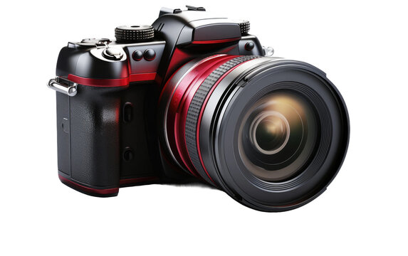 Camera With Lens Attached. On a White or Clear Surface PNG Transparent Background.