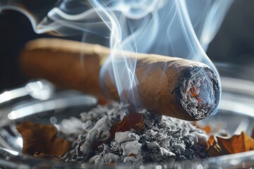 Smoking cigar on a black background. Cigar close-up.