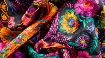 Mexican textile design featuring vibrant colors and intricate patterns, meticulously crafted with traditional motifs and vibrant hues.