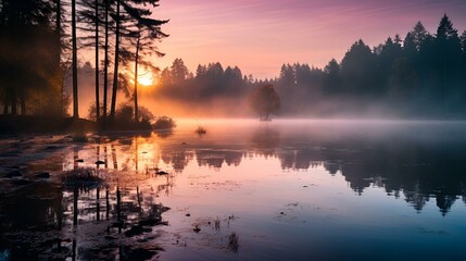 Fototapeta premium Sunrise Over Misty Lake with Silhouetted Trees and Soft Reflections