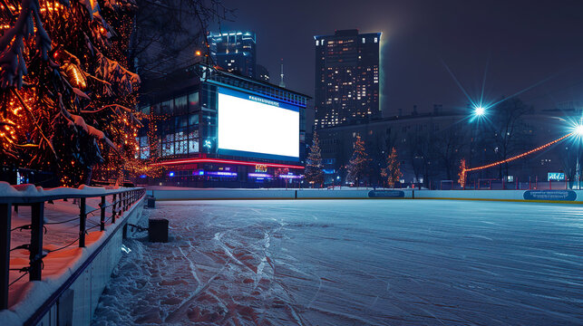  customizable ice rink scoreboard for advertising presentation mockup in Moscow environment, night view 