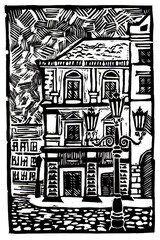 Illustration of an old city. Linocut. Black and white. Stylization, many details. Lantern, old houses, cobblestones. The sky is filled with strokes. Old European city. Postcard. Printing technique.
