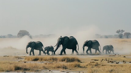 A family of elephants trekking across the savanna, dust rising with each heavy step