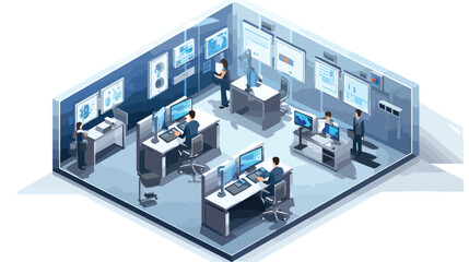 Isometric Control Center room and working engineers