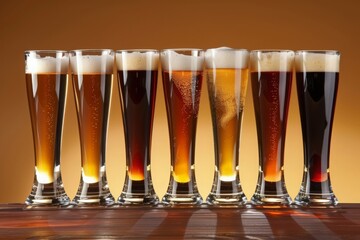 Row of beer glasses filled with various types of craft beer on rustic wooden table. Selection of lager, ale, stout and IPA for beer tasting experience. Perfect for Oktoberfest, St. Patrick's Day