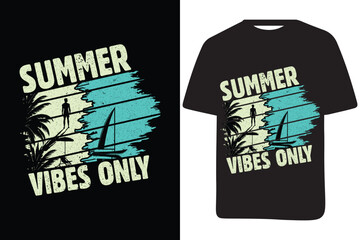 Summer vibes only typography t shirt design with awesome beach ocean palm trees vintage style design vector