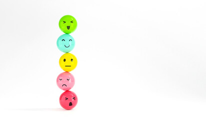 Customer choose emoji emoticons happy mood on emotions satisfaction meter, evaluation, Increase rating, Satisfaction and best excellent services rating concept, Feedback concept design, 3d render.