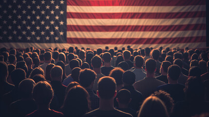 A scene of people standing in front of a background of American flags. The scene is charged with tension and meaning as it symbolizes the presidential election.
