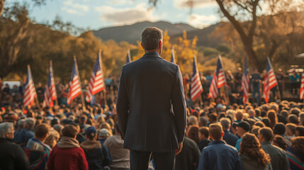 A scene of people standing in front of a background of American flags. The scene is charged with tension and meaning as it symbolizes the presidential election. - obrazy, fototapety, plakaty