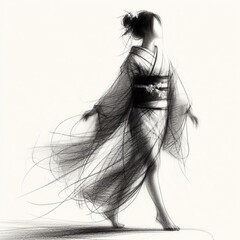 Sketch of Japanese kimono girl in Traditional Dance with Generative AI.