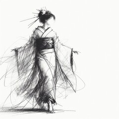 Sketch of Japanese kimono girl in Traditional Dance with Generative AI.