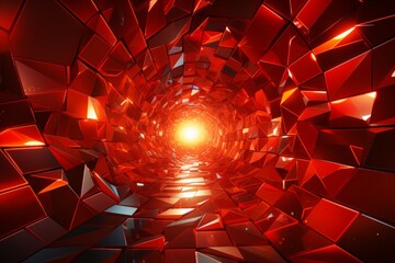 Abstract red grid tunnel or wormhole, futuristic 3d portal for cosmic exploration and technology