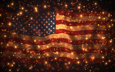 The American flag flutters in the wind, its vibrant colors sparkling in the sunlight and shimmering in the glare of darkness, radiant and powerful in its appearance. - obrazy, fototapety, plakaty