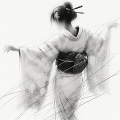 Sketch of Japanese kimono girl in Traditional Dance with Generative AI.