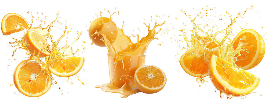 Set of delicious oranges juice splash cut out, fruit juice crown splashes wave swirls drops, isolated on transparent background.