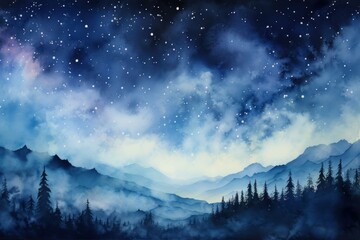 Vivid Night sky clouds watercolor. Dark star. Generate Ai