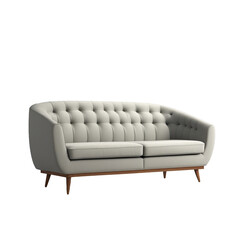 A Mid-Century Modern sofa with a tufted back and tapered legs, Isolated on white background
