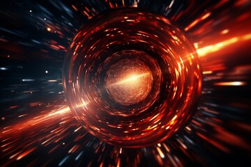 Futuristic 3d portal. Abstract red grid wormhole for sci-fi adventure and space exploration - obrazy, fototapety, plakaty