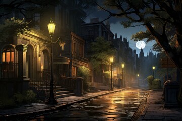 Vibrant Night street town lights. Crime skyline. Generate Ai