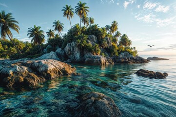 Beautiful tropical island with coconut palm tree and blue sea - Holiday Vacation concept