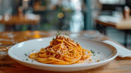 Spaghetti Bolognese served on a wooden table, adorned with savory meat sauce and cheese, elegantly presented on a pristine white plate. Traditional Italian food