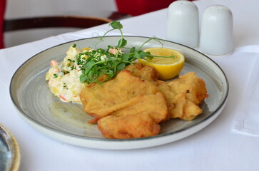 fried chicken schnitzel, food background, serving food, rustic plate, restaurant menu 