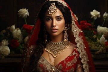 Woman in Red and Gold Bridal Outfit