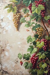 Vines leaves and grapes colonial inspired oil painting Bright , classic fruit painting for wall art, background and illustration 