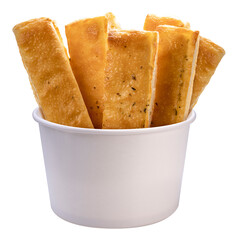 Cheese bread sticks or  Butter  bread sticks in paper bucket isolated on white background. Salted...