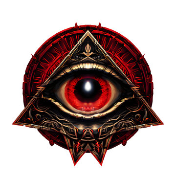 the red black All Seeing Eye geometric triangle logo, isolated with transparent background. Illuminati, freemasonry, masonic symbol. Triangle Eye emblem