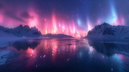 snow covered mountains in the cold arctic north, rocky mountains, and beautiful aurora sky, magical northern lights dance in the sky, magical lights reflecting off the water