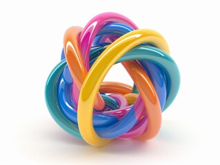 A vibrant intertwined sculpture representing connectivity and complexity against a white background.